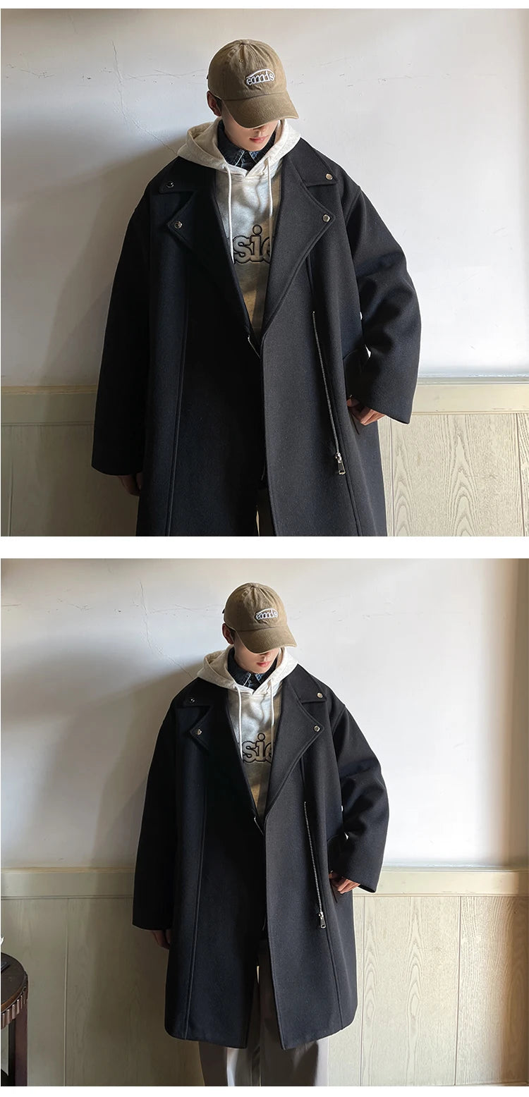 Winter Fashion Woolen Dust Coats Men Zipper Decor High Quality Korean Style Loose Casual Windbreaker Men's Thick Warm Trenchcoat.