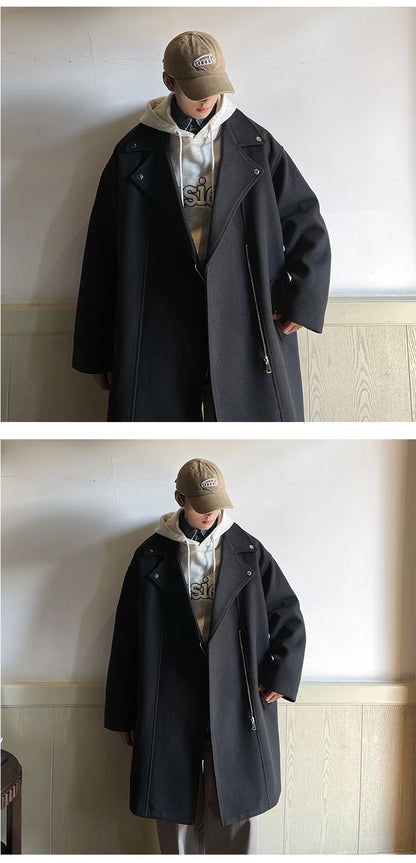 Winter Fashion Woolen Dust Coats Men Zipper Decor High Quality Korean Style Loose Casual Windbreaker Men's Thick Warm Trenchcoat.