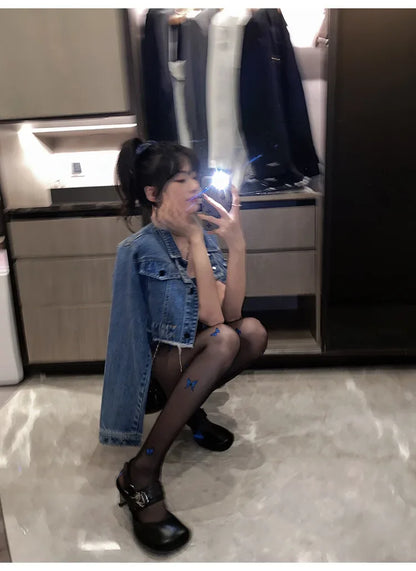 Sexy Blue Butterfly Net Stockings Women's Long Tube Socks Invisible Sweat Absorbent Polka Dot Design Pure Desire Stockings.