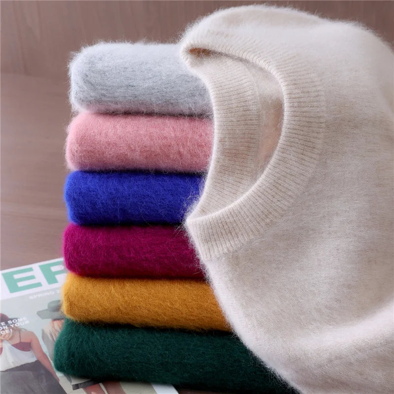 Women's Round-neck Mink Cashmere Sweater Soft Pullover Jumper Comfortable Knitted Top for Autumn Winter Pure Mink Material.