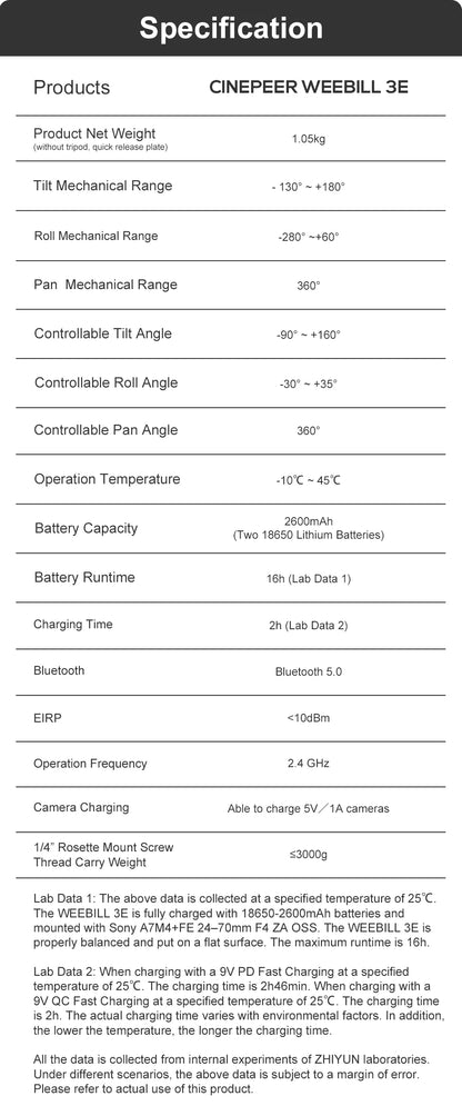 ZHIYUN Official CINEPEER WEEBILL 3E Camera Stabilizer Handheld Gimbal 3-Axis Cameras Gimbals for DSLR Mirrorless Cameras.