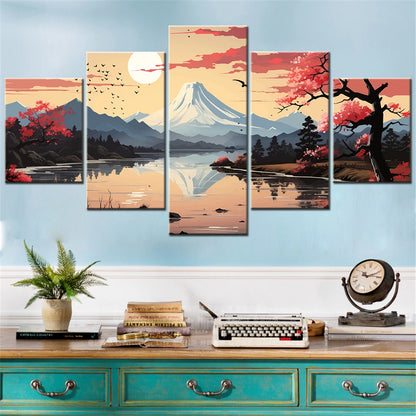 5 Pieces HD Printed Wall Art Canvas Poster Vector Illustration of Japan Landscape Painting Abstract Home Deocration Picture.