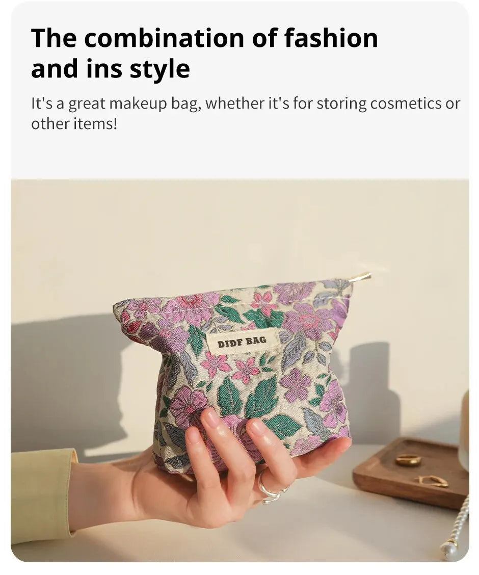 Women's Makeup Bag Small Vintage Purple Flower Large Capacity Cosmetic Lipstick Storage Bag Portable Coin Purse Commuter Clutch.