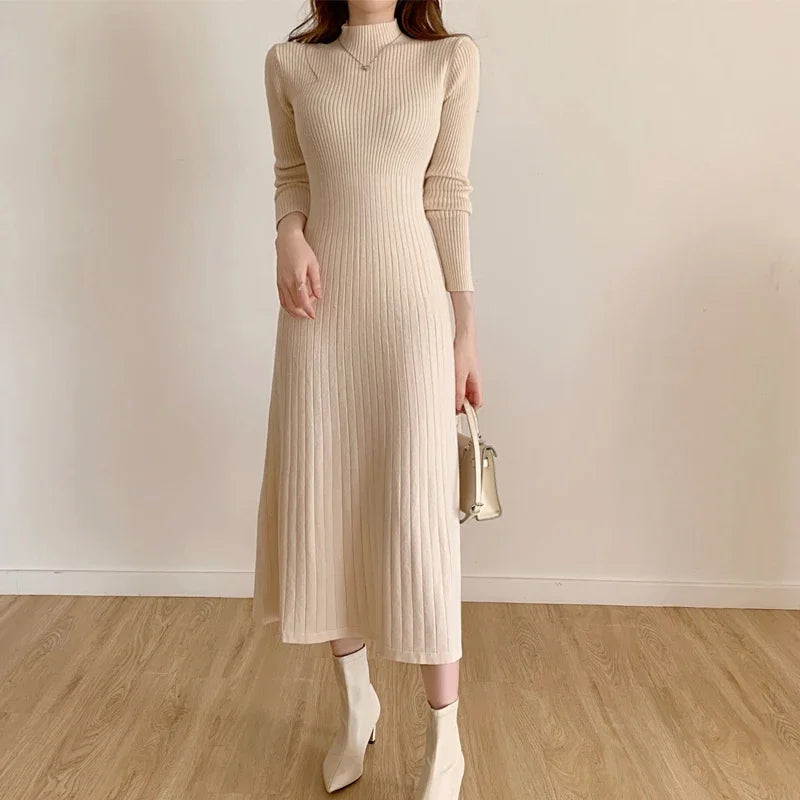 Herbst Winter schlankes Langarm Party Midi Kleid für Frauen gestrickt halbhohen Kragen elegante Strick pullover Kleider Damen.