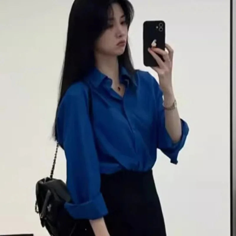 Vintage Blue Long Sleeve Shirts Women Spring Autumn 2025 Chic Single Breasted Blouses Woman Loose Turn Down Collar Shirts Ladies.