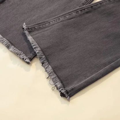 Black High-waisted Elastic Slimming Jeans For Women Micro Flared Straight Leg Loose Fit Wide Leg Fringebell Bottom Pants Trendy.