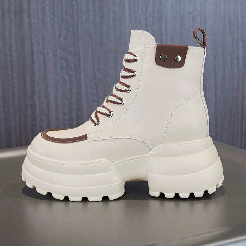 WOIZGIC Women Ladies Mother Genuine Leather Ankle Boots Shoes Lace Up Increase Inside British Style Autumn Winter Plush Fur Warm.