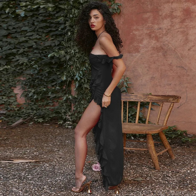 Mode Bodycon Split Unregelmäßige Rüschen 2025, Sommer Frauen Sexy Backless Ärmellose Kleider Hohe Taille Elegante Halter Party Kleid