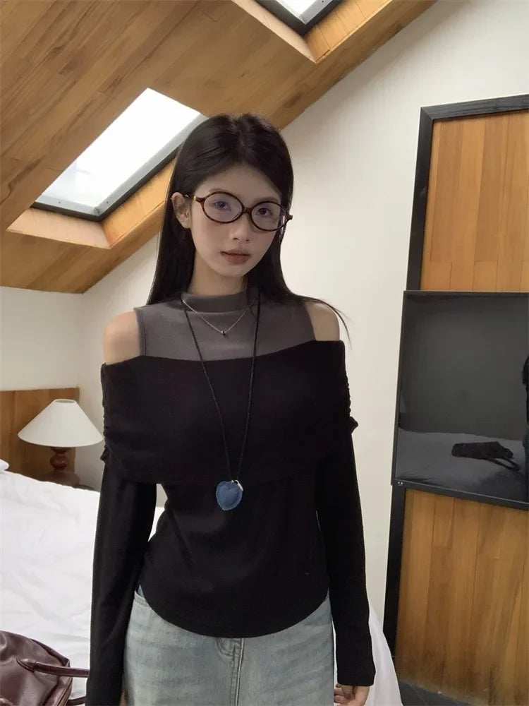 Retro American Shoulder Bared Long Sleeve T Shirt Women Spring Autumn Spicy Girl Fake Two Piece Base Shirt High Collar Polyester.