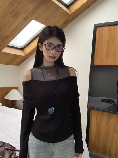 Retro American Shoulder Bared Long Sleeve T Shirt Women Spring Autumn Spicy Girl Fake Two Piece Base Shirt High Collar Polyester.