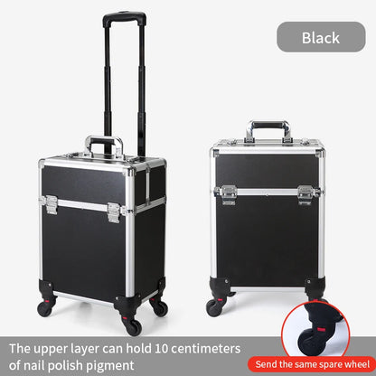 TravelRolling Makeup Train Case Large Capacity Cosmetic Trolley, Aluminum Professional Travel Case with Key