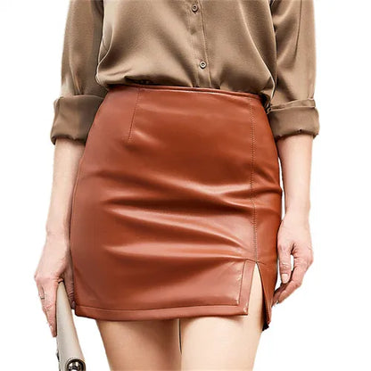 2025 Spring/summer Red Crocodile Pattern PU Skirt Ladies Slit Skirt Slim  Stretch Leather Skirts White Brown Black Green