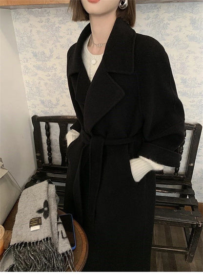 Mode Schwarz Lange Woolen Mantel Mit Gürtel Frauen Lose Revers Mantel Herbst Winter Warme Dame Oberbekleidung High Street