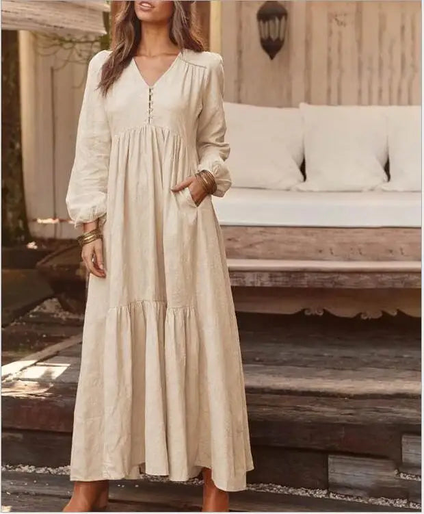 Baumwolle Und Leinen Vintage Stil Langes Kleid Für Frauen Casual V-ausschnitt Langarm Lose Maxi Kleider Weibliche Elegante frauen Kleidung.