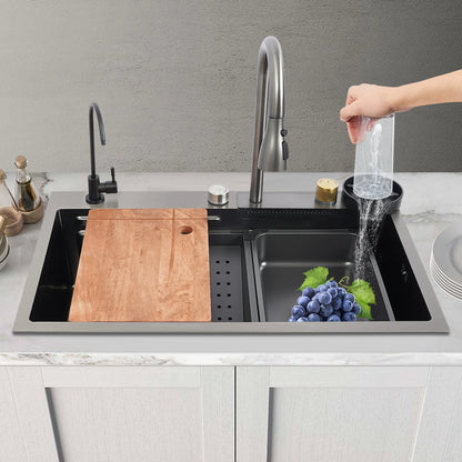 75 cm große Küchenspüle aus Edelstahl, Haushaltsspülbecken-Set mit großem Fassungsvermögen und mehreren Zubehörteilen, 3 Wasserausgangsmodi