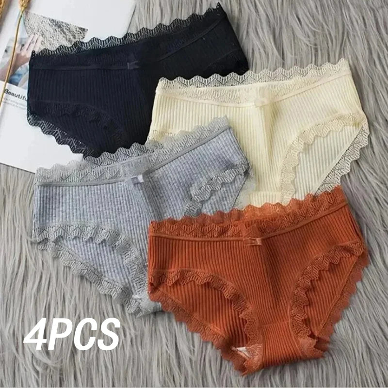 4 Pcs Lace Wavy Trim Bikini Panties, Comfy & Breathable Elastic Intimates Panties, Women's Lingerie & Underwear.