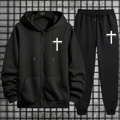 Cross of Christ Mens Hip Hop Tracksuit Set 2025 New 2 Piece Outfit Zipper Hoodie Joggers Urban Streetwear Autumn Winter Fashion.