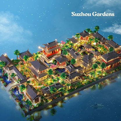 Lezi Architecture Ancient Pavilion Temple Tower Lake Garden Gate LED Light Model Mini Diamond Blocks Bricks Building Toy no Box.