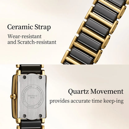 BERNY Ceramics Quartz Women Watch Fashion Rectangle Men/Women Wristwatch Bracelet Luxury Diamon Gold Couple Watches Gift Watches.