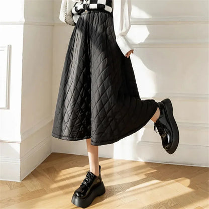 Autumn Winter Cotton Quilted Skirt Warm Womens A-line Faldas Vintage Thicken High Waist Saias Korean Fashion Knee-length Skirts.