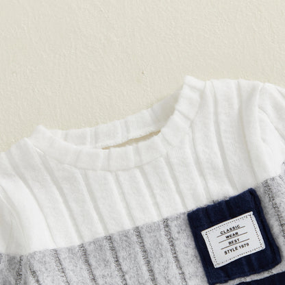 VISgogo 0-3 Years Boys Fall 2Pcs Clothes Sets Long Sleeve O Neck Patchwork Pullover Solid Color Pants.