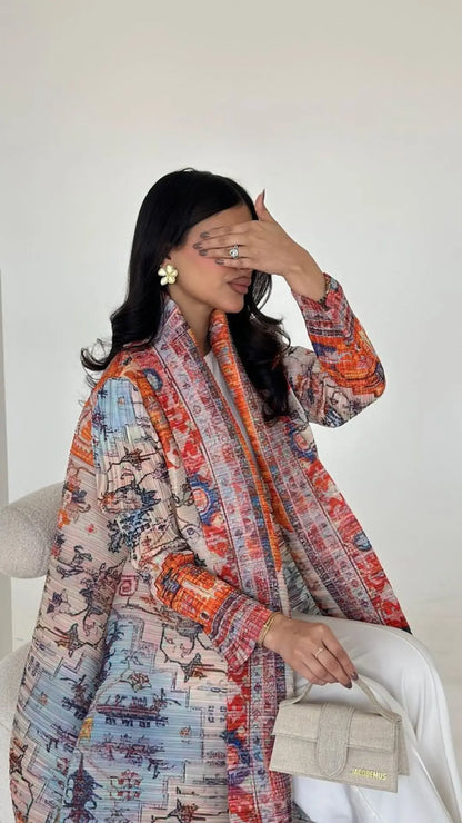 Abaya Miyake Pleated Printed Robe Jacket Arabian Dubai Style Women's Long Sleeve Conservative Demure Muslim Trench Coat 55inches.