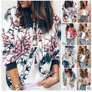 Women Elegant Zipper Bomber Jacket Spring Autumn Floral Printed Jackets Office Wear Slim Office Coat Retro Outwear.