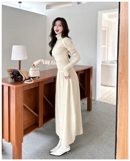 VigoAnne Spring Autumn 2025 Turtleneck Knit Woman 2 Piece Set Casual Solid High Waist Skirts Suits Korean Lady Long Dress Suit.