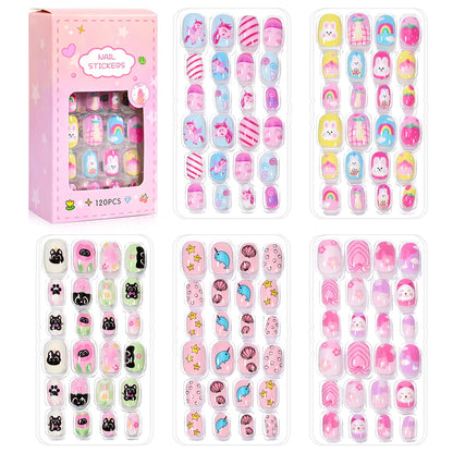 120pcs/box Pink Cartoon Children Press On Nails Candy Color Unicorn Cat Bunny Kids Full Cover False Nail Girls Party Nail Decora