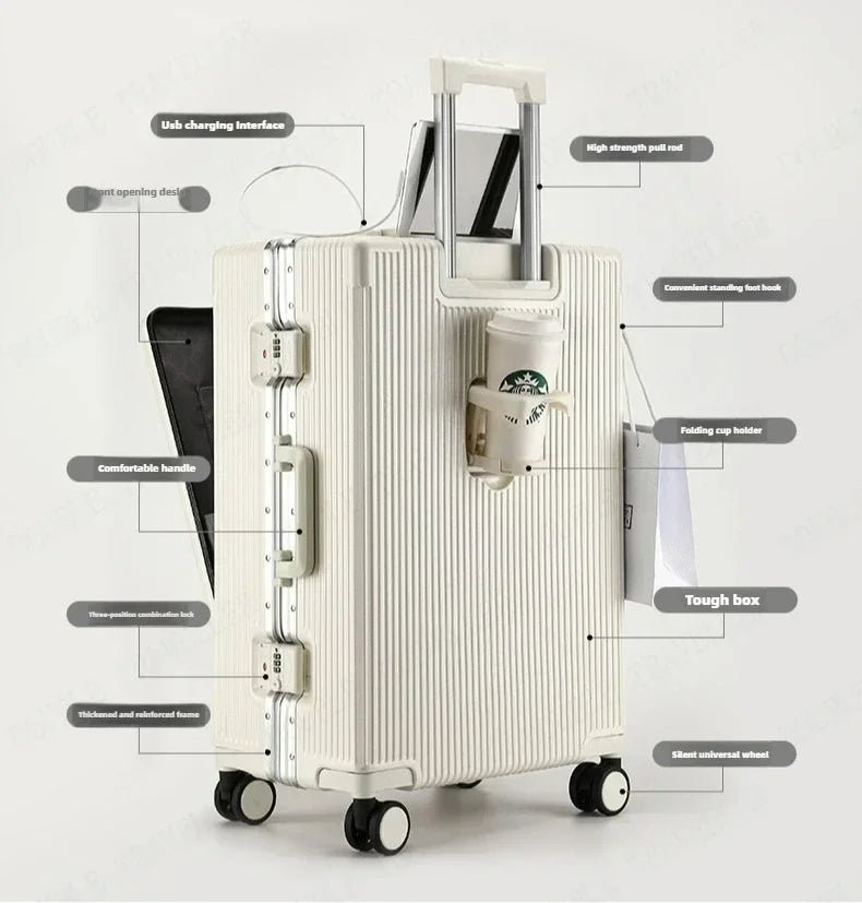 Vorne öffnender Rollgepäckkoffer mit großer Kapazität, Aluminiumrahmen, ABS + PC-Trolley, Koffer, USB-Lade-Boarding-Koffer.