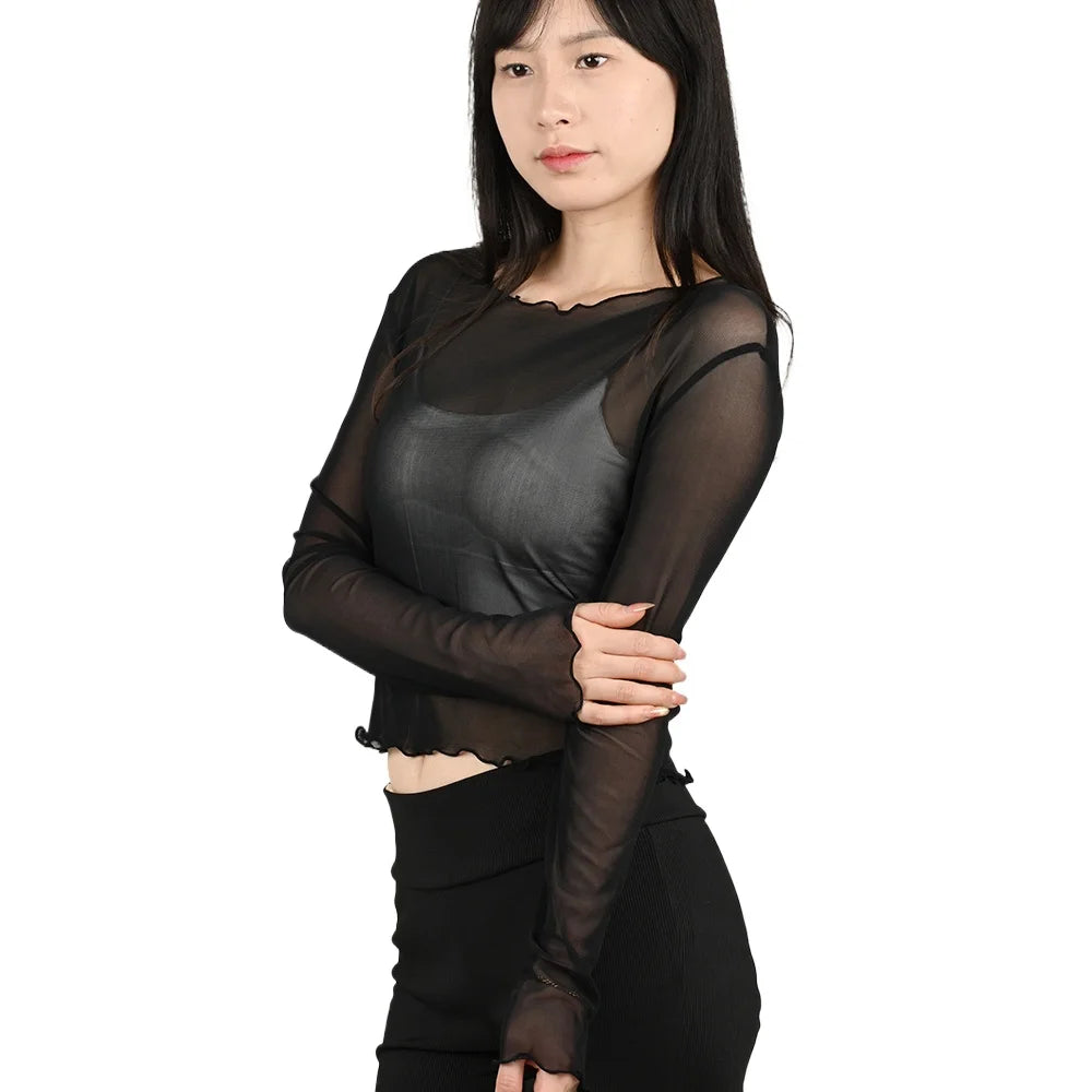 Summer Women Sunscreen T-shirt Girls Sexy Black Mesh Long-sleeved Tops Famale Ice Silk Transparent Sheer Bottom Blouses Shirts.