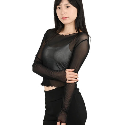 Summer Women Sunscreen T-shirt Girls Sexy Black Mesh Long-sleeved Tops Famale Ice Silk Transparent Sheer Bottom Blouses Shirts.