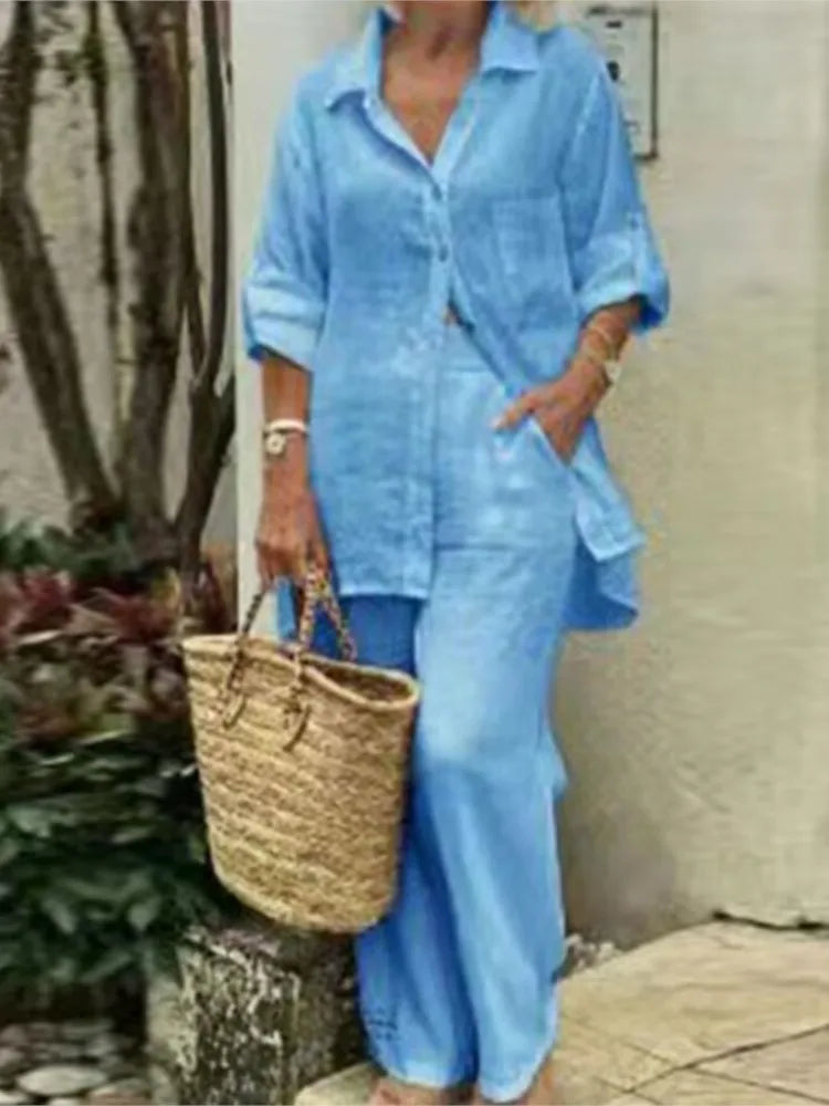 Elegant Solid Cotton Linen Shirt 2 Piece Set For Women Casual Outfits Autumn Long Sleeve Pocket Top Wide Leg Pants Suits Female.