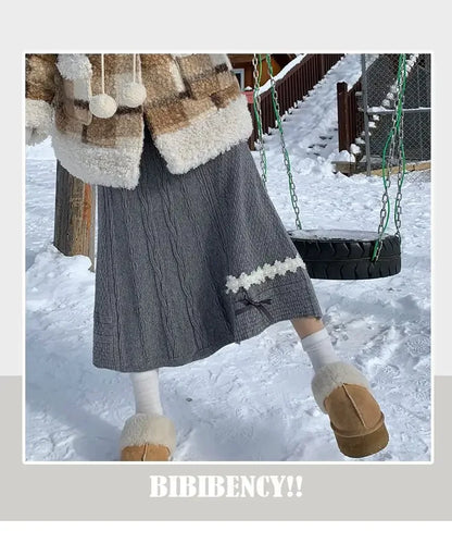 Clothes for Women Autumn Winter Japanese Style Kawaii Sweet Chic Knitted Skirts Female High Waist Solid Loose A-line Midi Skirt.