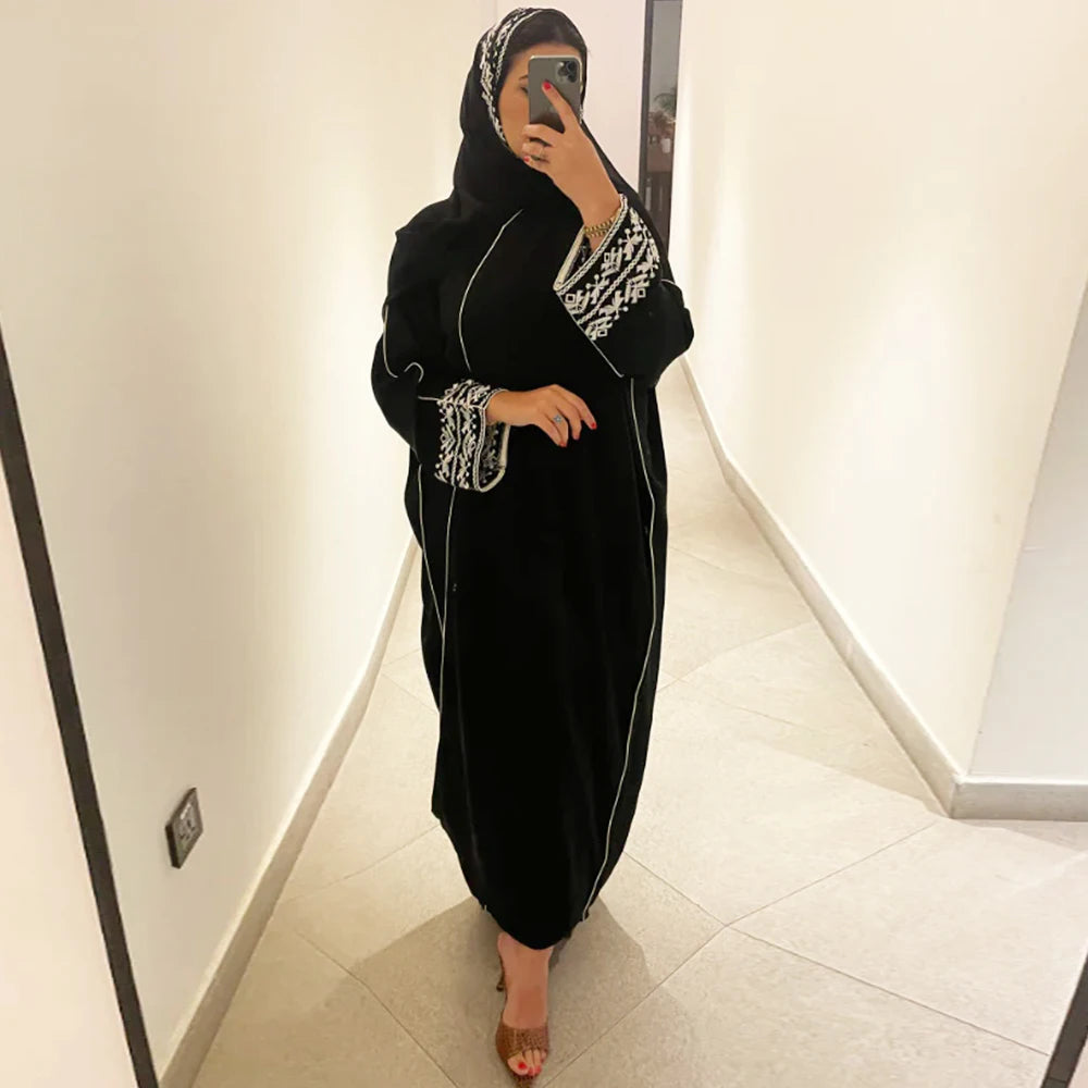 Fashion Classic Embroidered Abaya Hijab Dress Kimono Coat Outwear Women Long Sleeve Loose Arabic Muslim Dubai Moroccan Caftan.