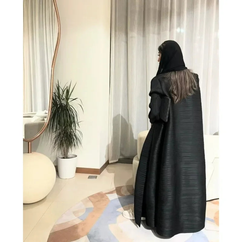 Muslim Abaya Black Simple Commuter Fashion Pleated Loose Long Trench Coat Jacket 2024 Fall New.