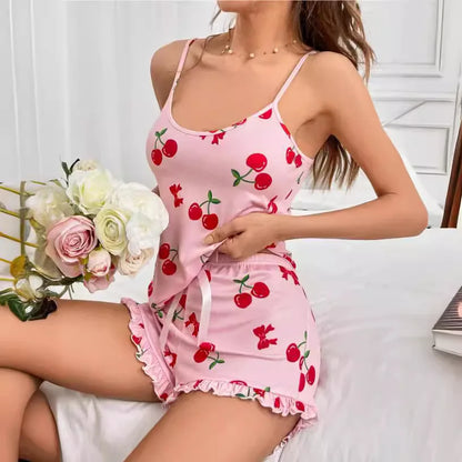Sommer Neue frauen Pyjama Set Atmungsaktive Weiche Casual Print Cami Top und Rüschen Shorts Sweet Home Strap Shorts Pyjamas ﻿.