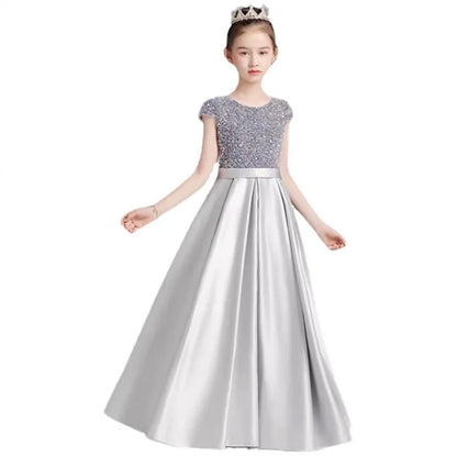 Mädchen-Klavierkleid, graues Pailletten-langes Performance-Kleid, Prinzessinnenkleid, Kinder-Host-Show-Performance-Kleid, Sommer