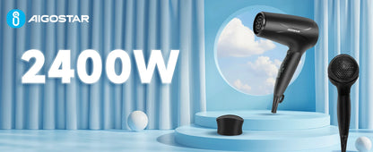 Aigostar Ionic Hair Dryer, Travel Hair Dryer with Foldable Handle, 2 Speeds and 3 Temperature Settings, 2400 W