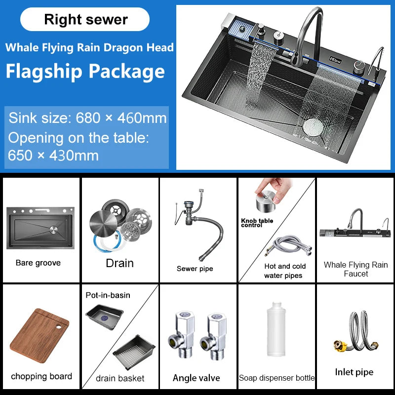 Edelstahl-Küchenspüle mit Wasserfall-Wasserhahn, integrierte Digitalanzeige, geprägtes Waschbecken für die Küche
