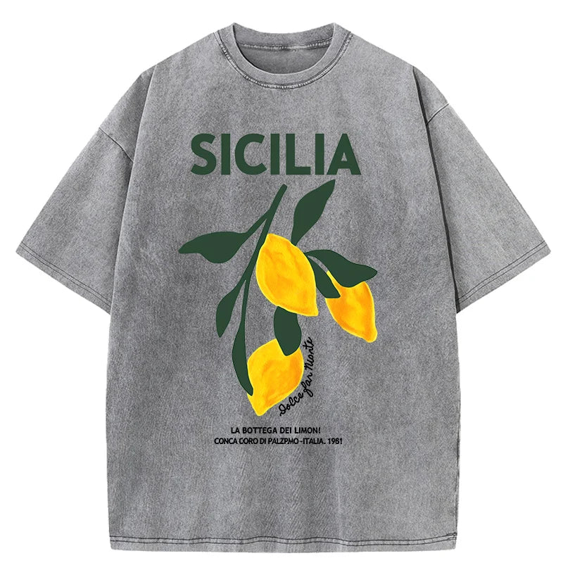 Amalfi Coast Italia Lemon Fruit Design Women Washed T-Shirts Y2K Casual T Shirt Summer Hip Hop Top Cotton Loose Short Sleeve.