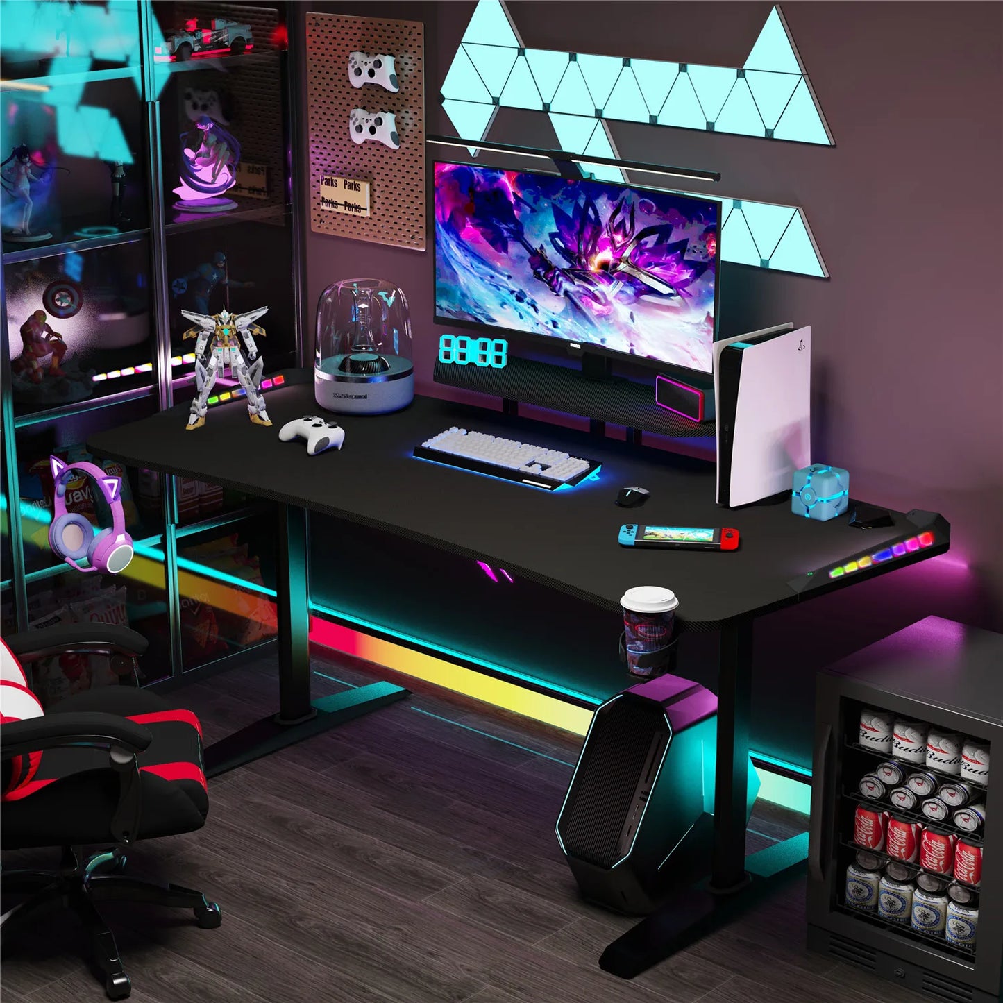 Jumbo-Gaming-Schreibtisch mit Monitor regal, großer PC-Computer tisch mit LED-Beleuchtung, Spieltisch-Gamer-Schreibtisch für Schlafzimmer, Home-Office
