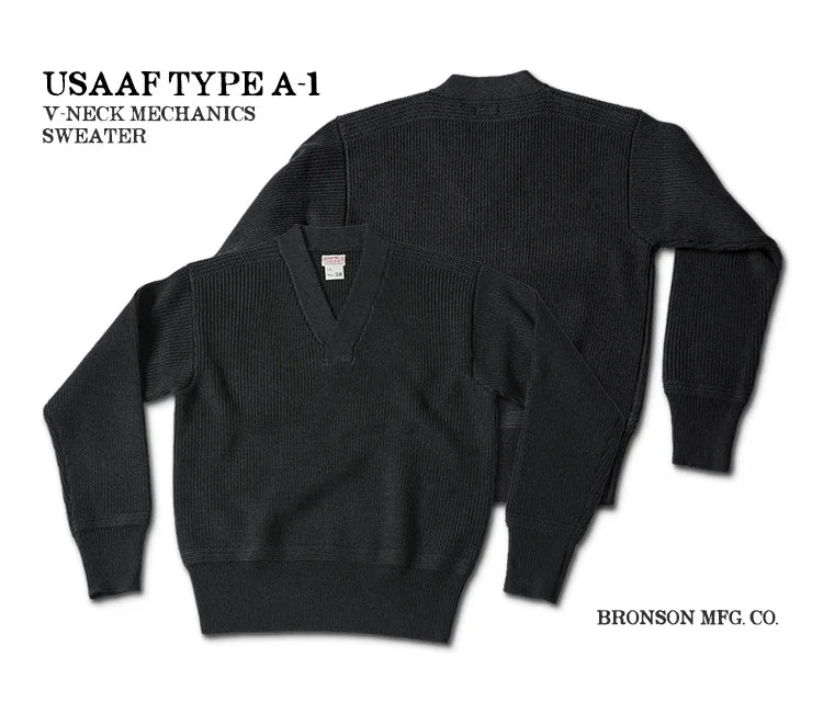 Bronson WWII USAAF Type A-1 Mechanic Sweater Men Heavyweight V-Neck Knit Jumper