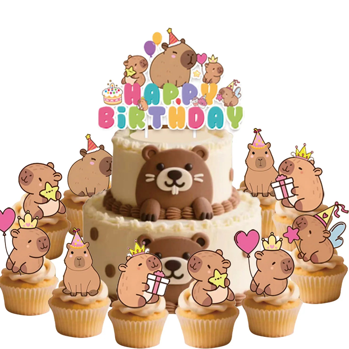 Capybara-Kuchenaufsatz, niedliche Tier-Cupcake-Dekorationen für Kinder, alles Gute zum Geburtstag, Partyzubehör, Capybara-Mottoparty-Dekorationen.