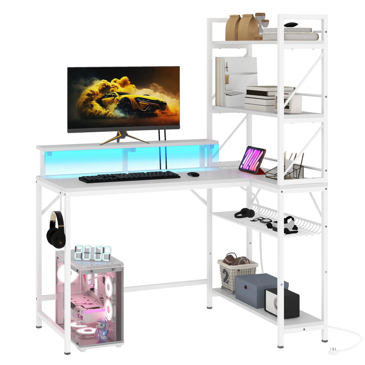 YITAHOME Weißer L-förmiger LED-Gaming-Schreibtisch 106 cm mit USB-Steckdosen