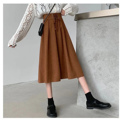 Preppy Style Vintage Long Skirts Women High Waist Sweet Loose A Line Skirt Lace Up Retro Fall Winter Female Elegant Long Skirts.
