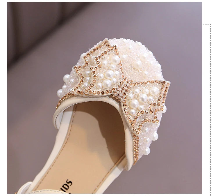 Girls Party Shoes Elegant Rhinestone Fashion Children's Leather Shoes Versatile Sweet Kids Princess Wedding Dress Flats Sandals.