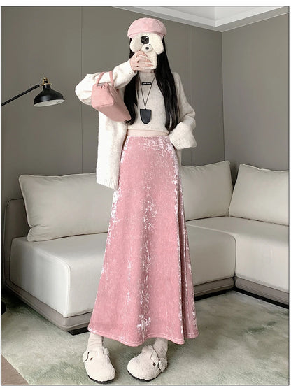 Plush Velvet Midi Skirt - 2025 New High-Waisted A-Line Mermaid Hem Skirt, Fleece-lined, Autumn Winter Thick Velvet Skirt.