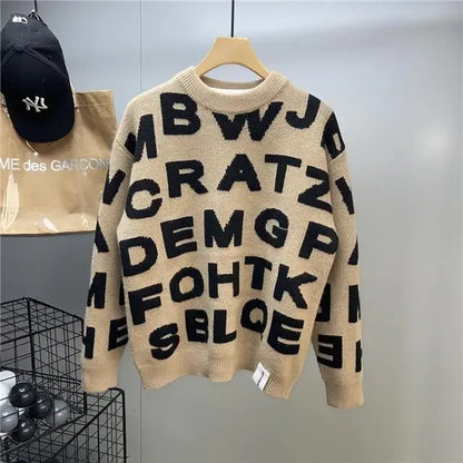 Sweater Men's Clothing Winter Full-print Letter Jacquard Loose Thickened Design Round Neck Top Trendy American Style Sweater.