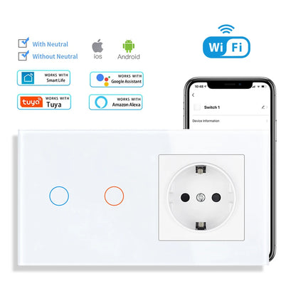 SRAN Smart Switch mit Wandsteckdose 16A EU, Tuya Smart Life Home Touch Sensor WiFi Lichtschalter Weiß